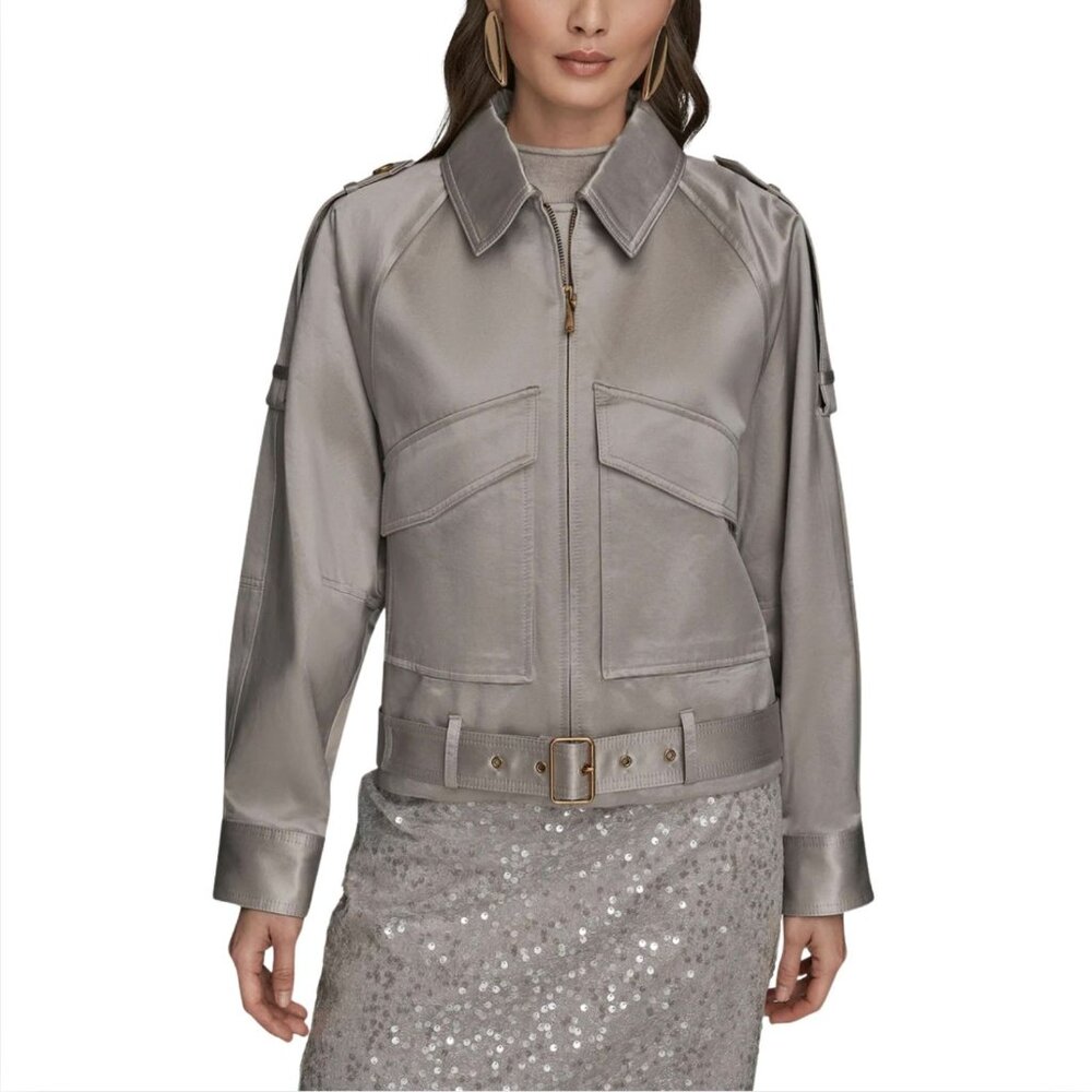 DONNA KAREN COTTON-BLEND SATIN BIKER JACKET NWOT $199 S